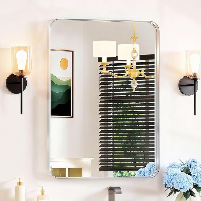 22×30 Silver Bathroom Vanity Mirror for Over Sink - Rectangle Framed Mirrors for Wall with Tempered Glass & Rounded Corners for Bedroom, Living Room, Horizontal/Vertical, Modern Farmhouse
