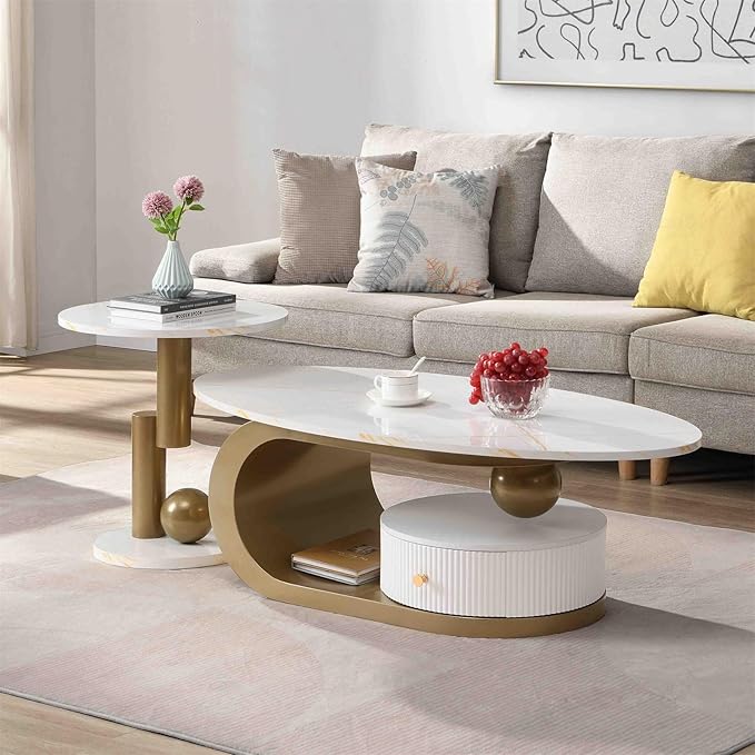 2 Piece Living Room Set, Storage Drawer, Faux Marble Tabletop, Modern Nest Coffee Table Set of 2, White and Gold Oval Coffee and End Table Set with Iron Geometric Base
