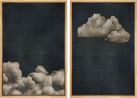MUDECOR Framed Canvas Print Wall Art Vintage Cloudscape Dark Moody Sky with Floating Clouds Illustrations Modern Art Decorative Chic for Living Room, Bedroom, Office - 24"x36"x2 Natural