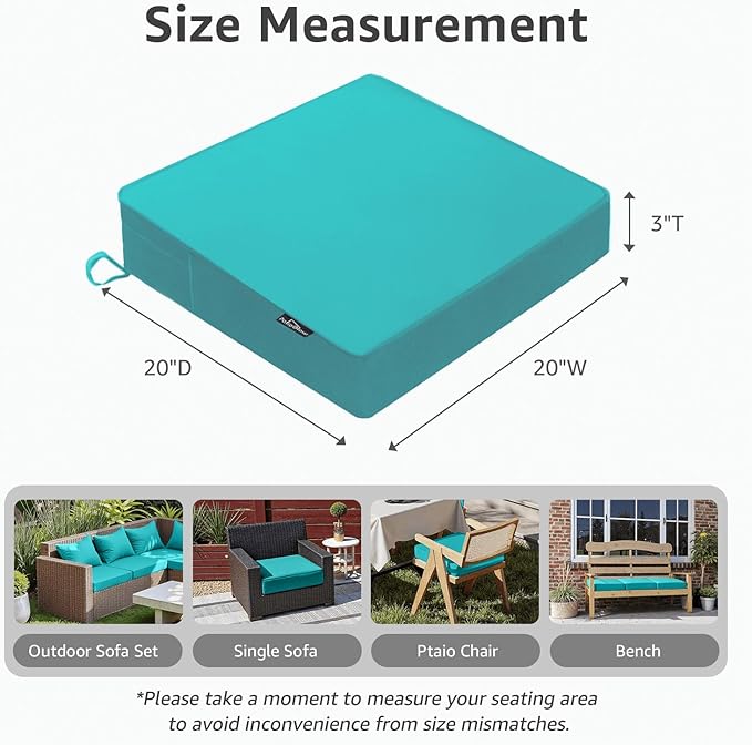 Outdoor Chair Cushions 20 x 20 x 3 Inch, Waterproof & Fade Resistant Patio Seat Cushion for Furniture with Handle and Ties, Thick Seating Pads for Outside Sofa Couch Set of 2, Teal