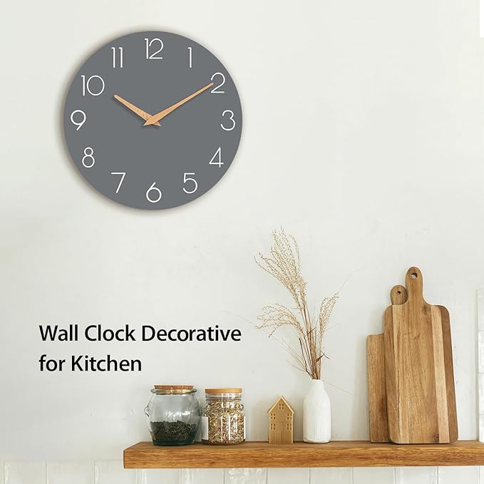 Wall Clock, 14 Inch Wooden Silent Non-Ticking, Decorative Battery Operated Wall Clocks for Bedroom, Kitchen, Home, Living Room, Office, School, Hotel (Gray)