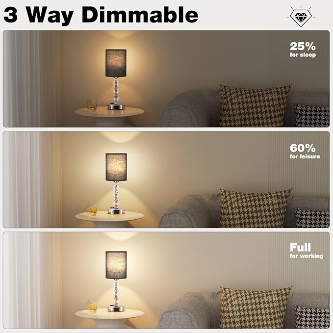 Black Touch Bedside Lamps for Bedrooms - Crystal Table Lamp with USB C+A Charging Port and AC Outlet Nightstand, 3 Way Dimmable Silver Small End Side Table Lamp for Living/Guest/Dinning Room/Kitchen
