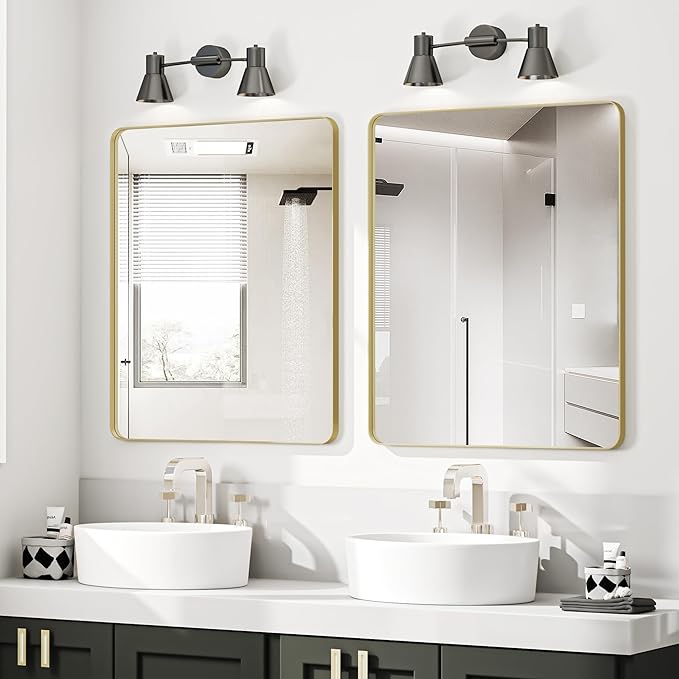 Bathroom Mirror 30x36 inch, Rustproof Aluminum Metal Framed Mirror for Wall, Matte Gold Bathroom Vanity Mirror, Shatterppoof Mirror, Living Room, Hanging or Leaning Horizontal or Vertical