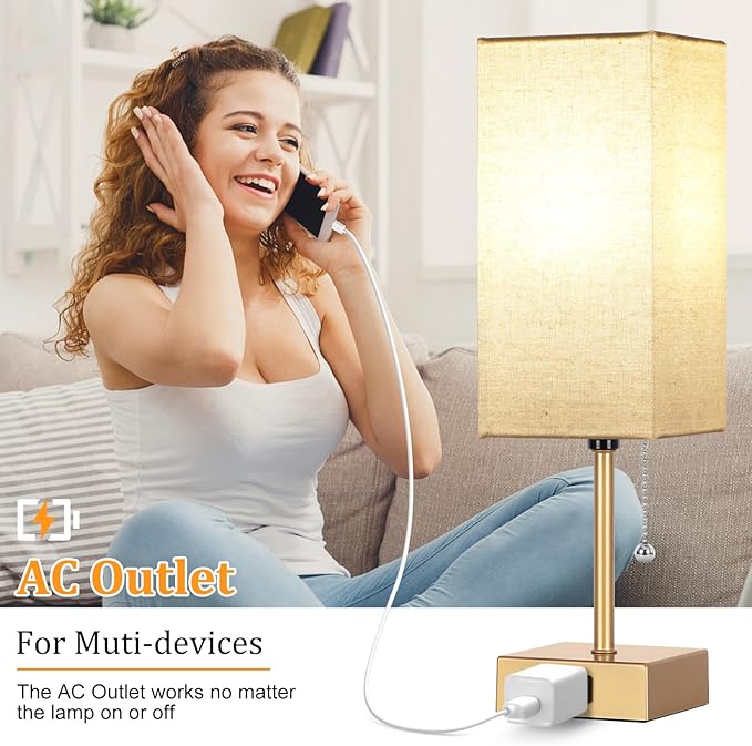 Table Lamp for Bedroom set of 2,3-Color Bedside Lamps with Pull Chain Table Lamps for Nightstand with AC Outlets,Small Night Light Lamps with 2 Bulbs Lamps for Living Room Kids Room Office Decor（Gold）