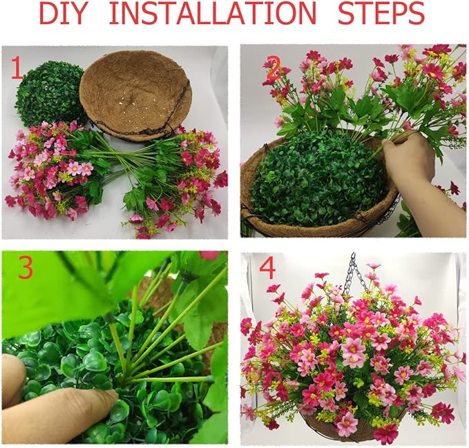 Artificial Faux Hanging Plants Flowers Basket for Spring, Red Daisy Flowers Eucalyptus UV Resistant Look Real for Outdoor Outside Porch Decoration