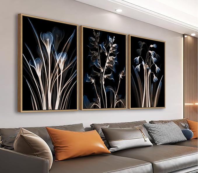 Large Modern Framed Wall Art - Natural Float Framed Blue Brown Flowers Black Canvas Pictures Decor Abstract Botanical Artwork for Living Room Bedroom Kitchen Home Office Decoration 60" X 28" Set of 3