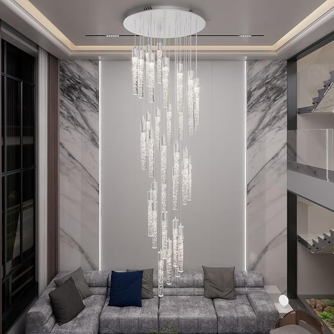 Flashing God H150 High Ceiling Chandelier 36-Lights Chrome Chandeliers for Entryway Crystal Drop Light Large Long Staircase Chandelier Light Fixture for Foyer Hallway Living Room