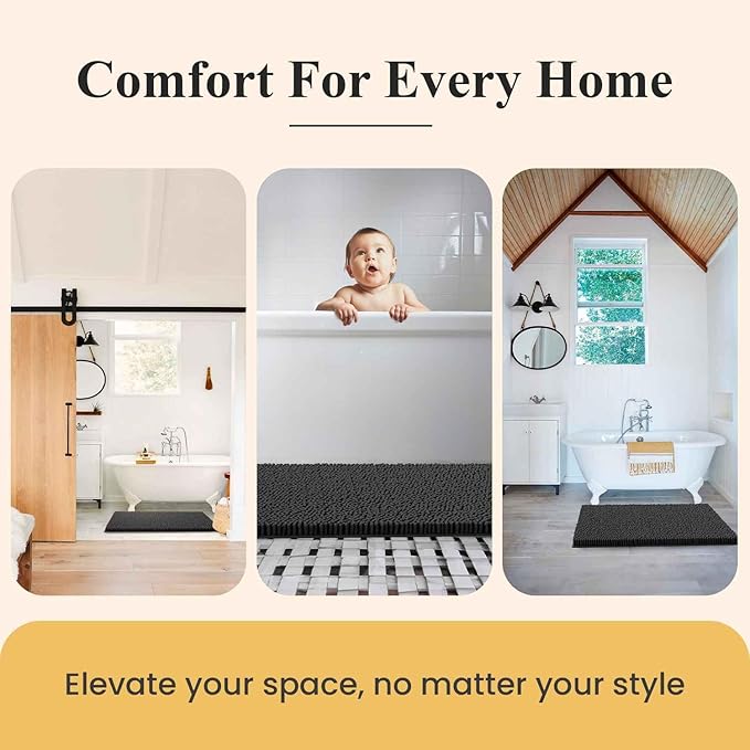 MAYSHINE Plush Shaggy Chenille Bath Mat | Extra Soft, Super Absorbent, Non-Slip Bathroom Rug | Fluffy Microfiber, Area Rug Sets for Bathroom Floor, Kitchen, Living Room | 32"x20" | Grey