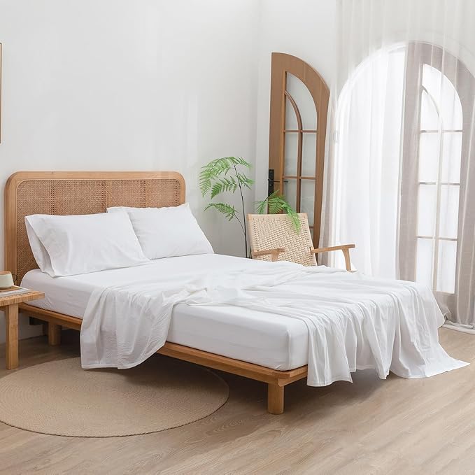 BESTOUCH Sheet Set 100% Washed Cotton Linen Feel Super Soft Comfortable Chic Lightweight 4 Pcs Home Bedding Set Solid Bright White Queen