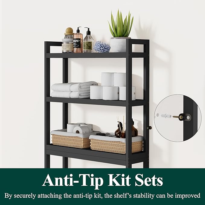 Smiry Over The Toilet Storage Cabinet, 3-Tier Bamboo Bathroom Organizers with Adjustable Shelf & 4 Hooks, Space Saving Shelf Rack for Bathrooms, Laundry Room, Balcony, Black