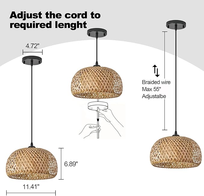 TERLEENART Bamboo Pendant Light,Set of 2 Boho Round Basket Chandelier Handmade Woven Pendant Light, Natural Bamboo Rattan Hanging Chandelier for Kitchen Island Dining Room Living Room Porch