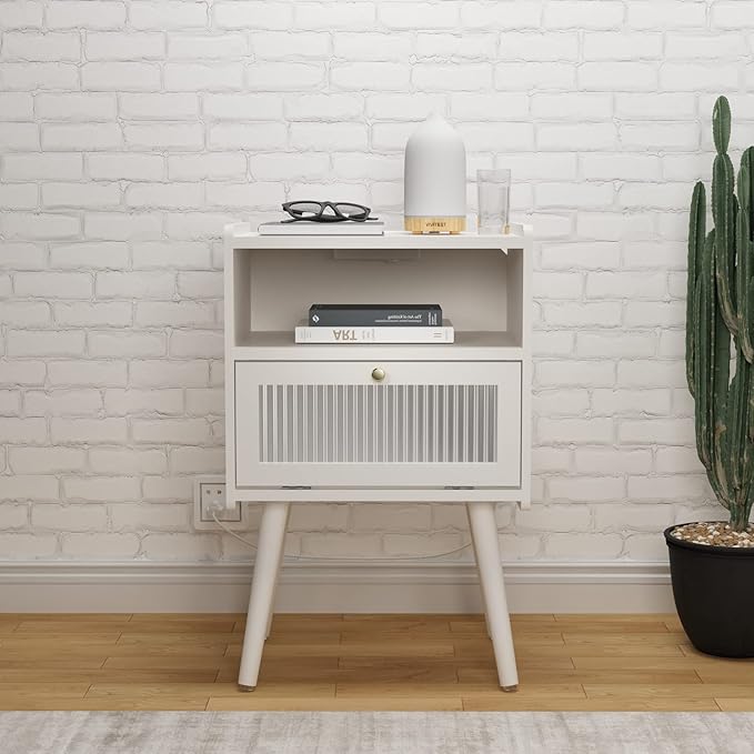 Mid Century Modern Nightstand with Charging Station, Bedside Tables with Glass Decorative Door, End Table Side Table with 2 Tiers Storage Space, for Bedroom, Living Room, White