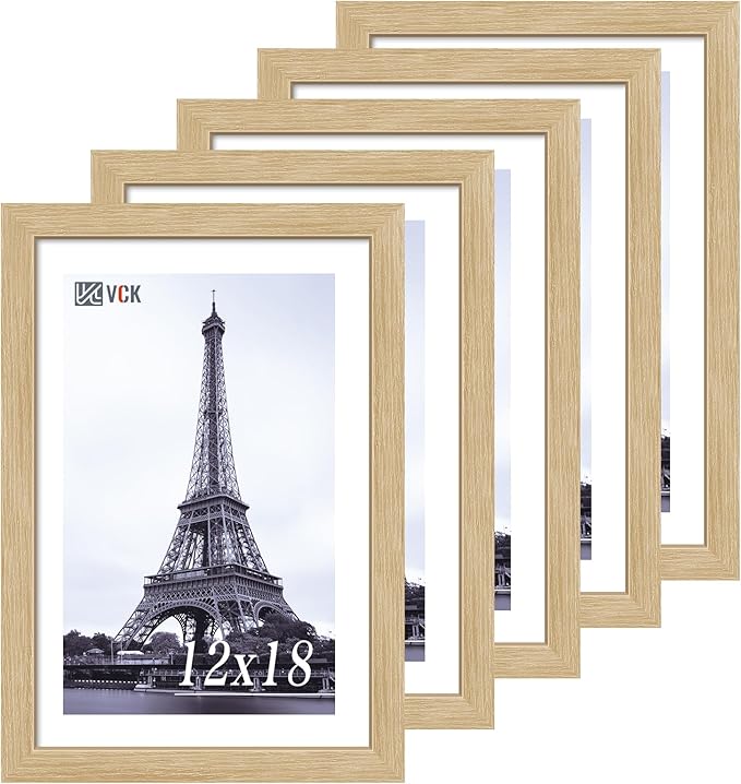 VCK 12x18 Oak Wood Frame for Poster & Picture, Natural Solid Wood Photo Frames 5 Pack, Wall Gallery Frame