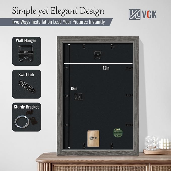 VCK 12x18 Picture Frame 5 Pack - Grey, High-End Wood Poster Frames with Tempered Glass, Display 11x17 Photo with Mat or 12x18 without Mat, Art Gallery-Quality, Wall Hanging, Grey