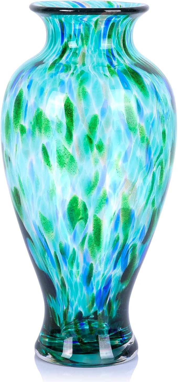 11.8" Tall Blown Teal Glass Vase, Green Opaque Glass Vase, Unique Design Turquoise Wide Mouth Art Decoration for Home, Living Room, Dining Table, Pampas Grass Decor (Greener)