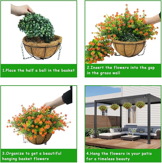 Artificial Hanging Flowers Basket, 12 UV-Resistant Bundles of Realistic Fake Flowers, Faux Plants for Outdoor Decor, Home, Garden, Porch, Patio, Spring & Summer Decorations, Orange