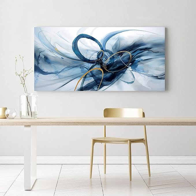 XLSJERST Abstract Wall Decor Living Room - Modern Canvas Wall Art Blue and White Picture Artwork for Office Bedroom Home Decoration