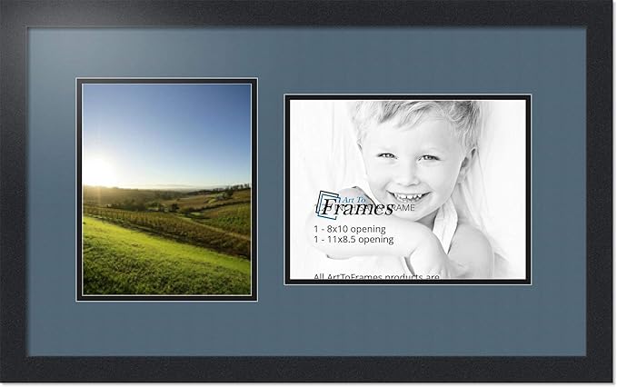 ArtToFrames Collage Photo Frame Double Mat with 1-8.5x11, 8x10 Openings with Satin Black Frame and Dutch Blue mat.