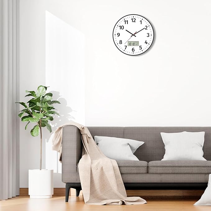 Foxtop Digital Wall Clock with Time, Day of Week and Temperature, Silent Non-Ticking Battery Operated Round Digital and Analog Wall Clock for Classroom Office Bedroom Home School (12 Inch, Black)