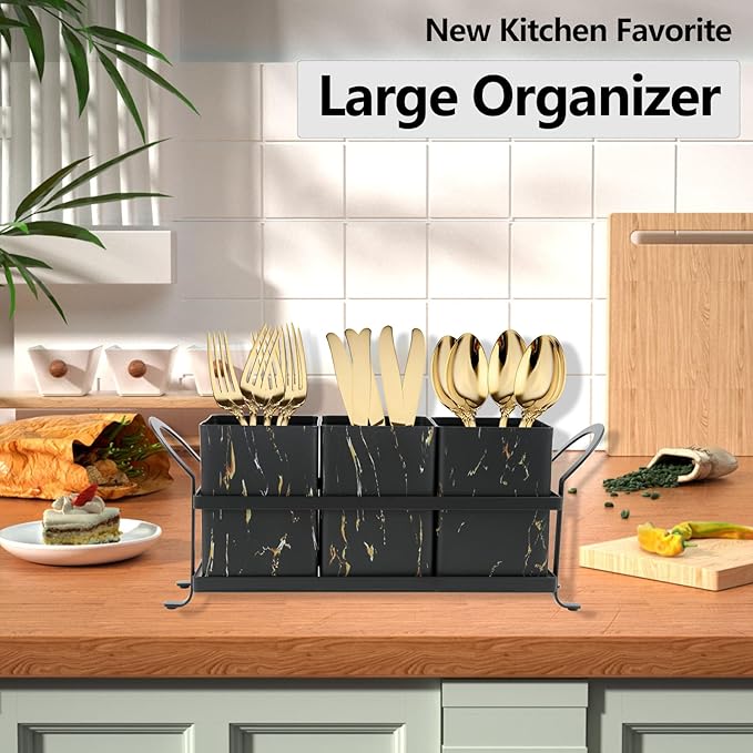 Kitchen Utensil holder for Countertop, Silverware Caddy,Golden Marble Black Flatware Holder Utensil Cutlery Organizer for Party Gatherings, Metal and Durable Design