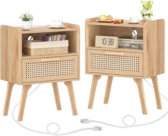 Lerliuo Rattan Nightstands Set of 2 with Charging Station, Boho Night Stand with Handmade Natural Rattan Drawer and Open Shelf, Side End Tables with Solid Wood Legs for Bedroom, Dorm, Small Spaces