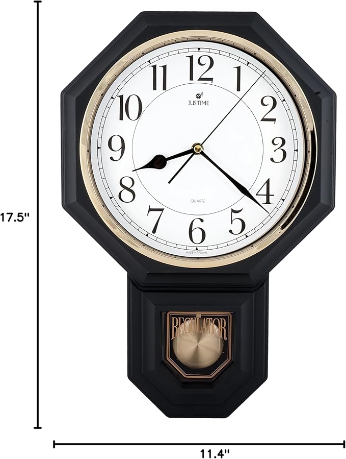 JUSTIME Traditional Schoolhouse Easy to Read Pendulum Plastic Wall Clock Chimes Every Hour with Westminster Melody Made in Taiwan, 4AA Batteries Included (PP0258-WB Matt. Black)