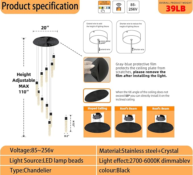 10-Light Black Modern Crystal Chandelier for Living Room Foyer Entrance 110" Long Bubble Crystal Chandelier for Loft High Ceiling Lighting Fixtures LED Lampara, 3000k-6000K