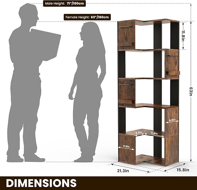 PPAMAPIC 5 Tier Corner Bookshelf, 63" Tall L Shaped Bookcase, Corner Cabinet, Wood Grain Shelf Display Rack for Kitchen, Bedroom, Living Room (Brown)