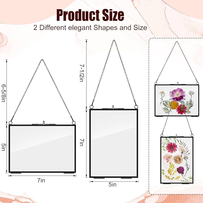 Barydat 12 Pack Pressed Flowers Glass Frames, 5 x 7 Inch Brass Hanging Floating Frame with Chain, Double Glass Photo Display for Dried Flowers, Plant Specimen, Artwork Display (Black)