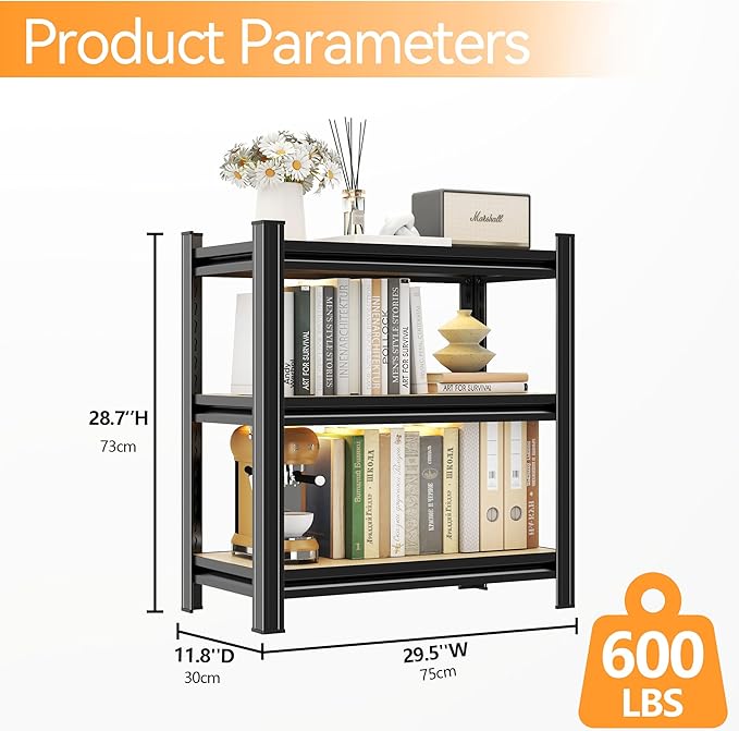 Tall Bookshelf with Open Shelves, Metal and Wood Office Book Shelf, Adjustable Organizer Bookcase, Standing Storage Organizer Shelf for Living Room (29.5" W*11.8" D*28.7" H)