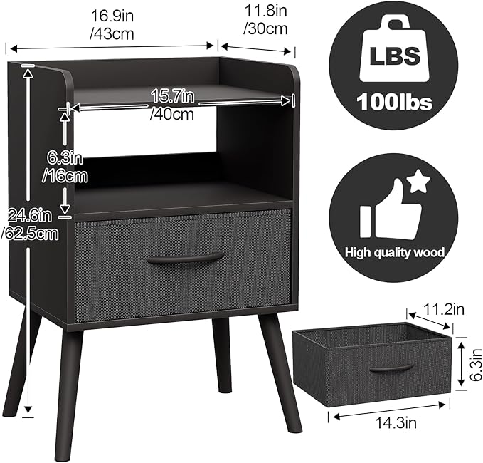 NightStand with Open Shelf,Night Stand with Drawer Storage Side Table End Tables,Bedside Table with Solid Wood Feet,Mid Century Night Stands for Bedroom Sofa Couch Small Spaces (Black)