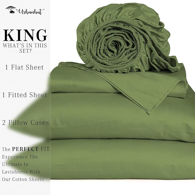 URBANHUT 700 Thread Count Egyptian Cotton King Sheets, 4Pc Sheet Set Soft Luxury Bed Sheets for King Size Bed, Sateen Weave Hotel Sheets, 16'' Elasticized Deep Pocket - Sage