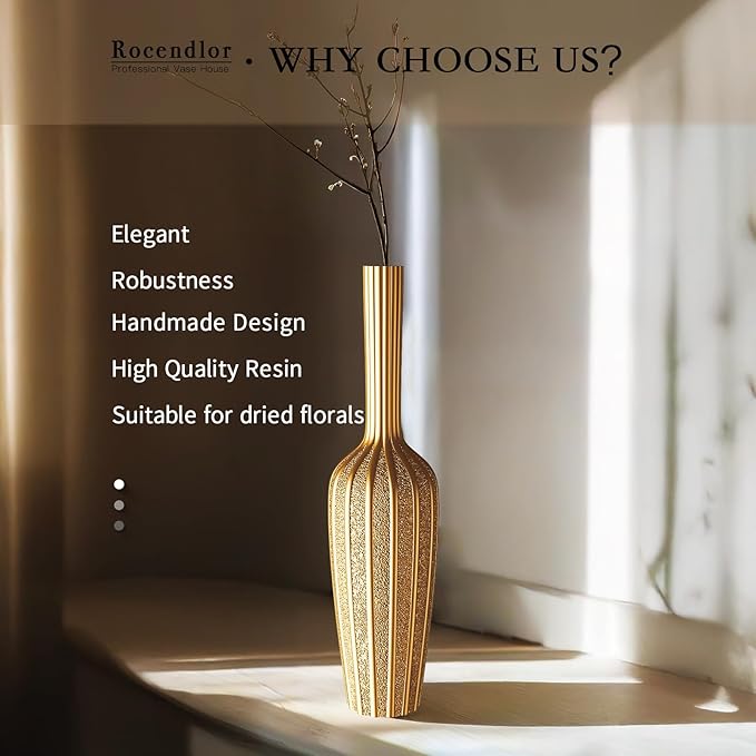 Elegant Gold Floor Vase - 23.62” Tall Decorative Vase for Dried Flowers | Home Decor Accent | Resin Tall Floor Vase