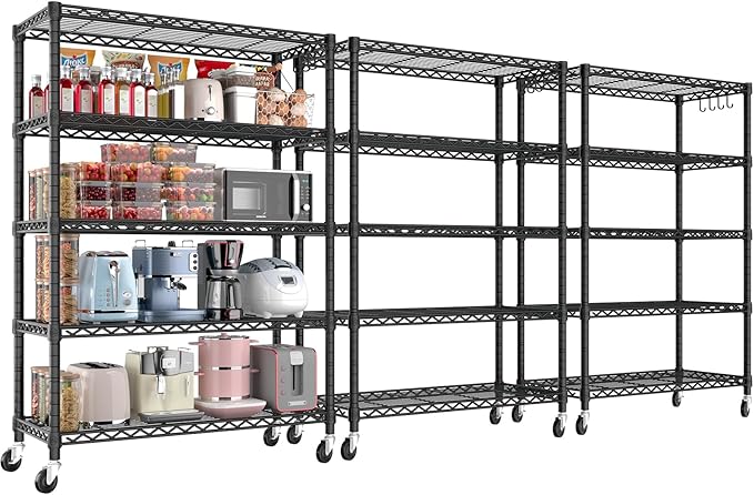 PrimeZone 3 Pack 5 Tier Wire Shelving Rack Storage Shelves with Wheels,Adjustable Rolling Heavy Duty Metal Shelving Unit,Utility Shelf for Kitchen Garage Closet Pantry 36" W x 14" D x 74" H