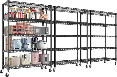 PrimeZone 3 Pack 5 Tier Wire Shelving Rack Storage Shelves with Wheels,Adjustable Rolling Heavy Duty Metal Shelving Unit,Utility Shelf for Kitchen Garage Closet Pantry 36" W x 14" D x 74" H
