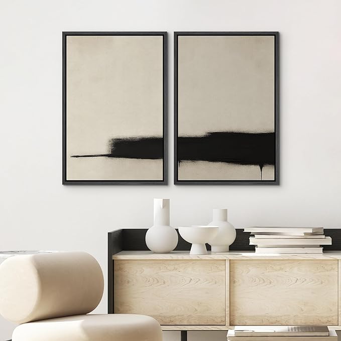 SIGNWIN Framed Wall Art Print Set Minimalist Black Brushstroke Abstract Neutral Beige and Black Illustrations Modern Art Rustic Relax/Calm for Living Room, Bedroom, Office - 24"x36"x2 BLACK
