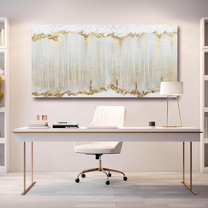 Home Decor White Abstract Wall Decor Large Framed Canvas Wall Art for Living Room Gold Painting White Wave Contemporary Art for Bedroom 29x58 Inch
