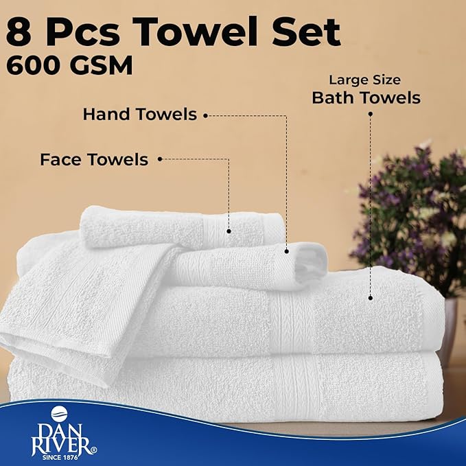 DAN RIVER 8 PC Luxury Bath Towels for Bathroom, 2 Bath, 2 Hand, and 4 Wash Cloths, 600 GSM 100% Ring Spun Cotton Towel Set, Highly Absorbent, Gym, Hotel, and Spa, White