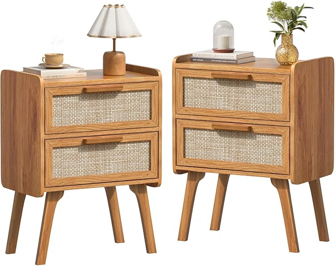 Lerliuo Rattan Nightstands Set of 2, Boho Night Stand with 2 Drawers, Cane Accent Side End Table, Bedside Table with Solid Wood Legs for Bedroom, Dorm and Small Spaces (Tea Brown)