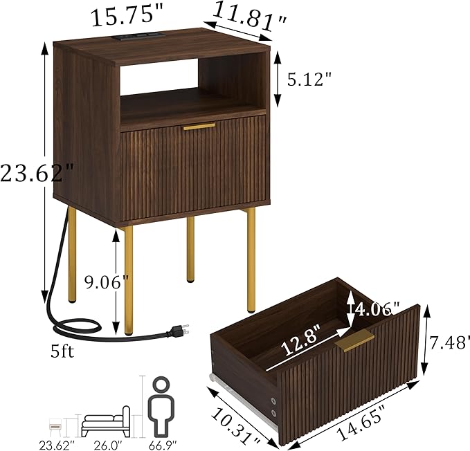 Nightstand with Outlet and Led Light, Bedside Table with Storage Drawer, Fluted Side Table for Living Room, Bedroom