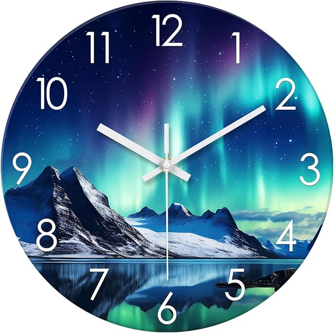 XNM Aurora Teal Clocks for Living Room Modern Wall Clock Battery Operated 16 Inches or Larger Analog Glass Wall Clock Non Ticking
