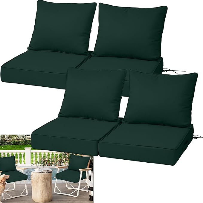 Waterproof Outdoor Chair Cushion Set of 4, 22x22x4 IN Deep Seat Patio Cushions with Fade Resistant Removable Cover,Outdoor Cushions for Patio Furniture with Ties&Handle for Chair Sofa Couch,Dark Green