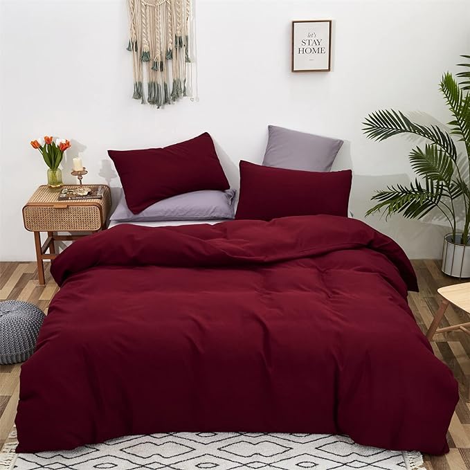 Cottonight Dark Red Comforter King Burgundy Bedding Chic Modern Wine Red Blanket Quilt Breathable Cotton Modern Solid Blackish Red Comforter Set for Women Men King Bed