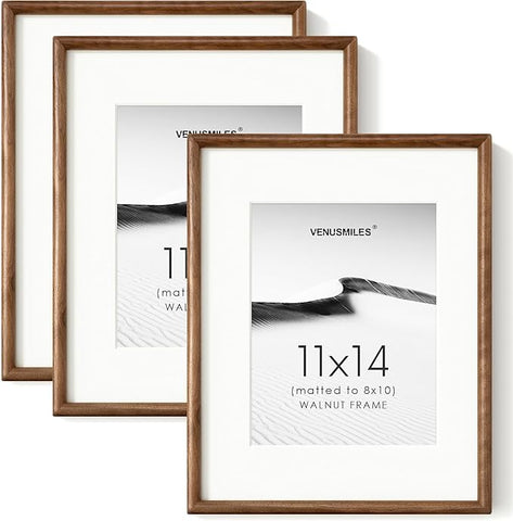 11x14 Picture Frame with 8x10 Mat, USA-Sourced Natural Walnut Wood Photo Collage Frame with HD Tempered Glass, Double Mortise and Tenon Strips, Wall Display Horizontally and Vertically, 3 Pack