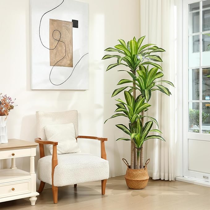 Artificial Plants, 6 Ft Dracaena Tree Faux Plants Indoor Outdoor Decor Fake Tree with Woven Seagrass Basket Plants for Home Decor Office Living Room Porch Patio Housewarming 2 Pack