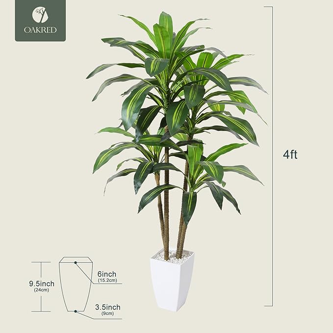 Artificial Plants,4FT Dracaena Tree Faux Plants with White Taper Planter,Tall Fake Plant for Indoor,Fake Tree for Home Decor Office Living Room Porch