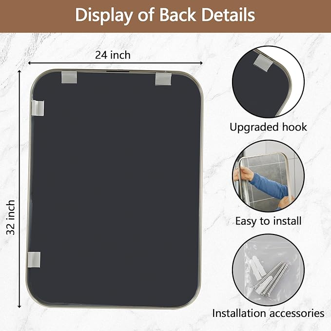 24x32 Inch Brushed Nickel Bathroom Mirror, Framed Rectangle Mirror with Rounded Corner, Brushed Mirror, Silver Bathroom Mirror for Over Sink, Vanity, Living Room, Bedroom, Horizontal/Vertical