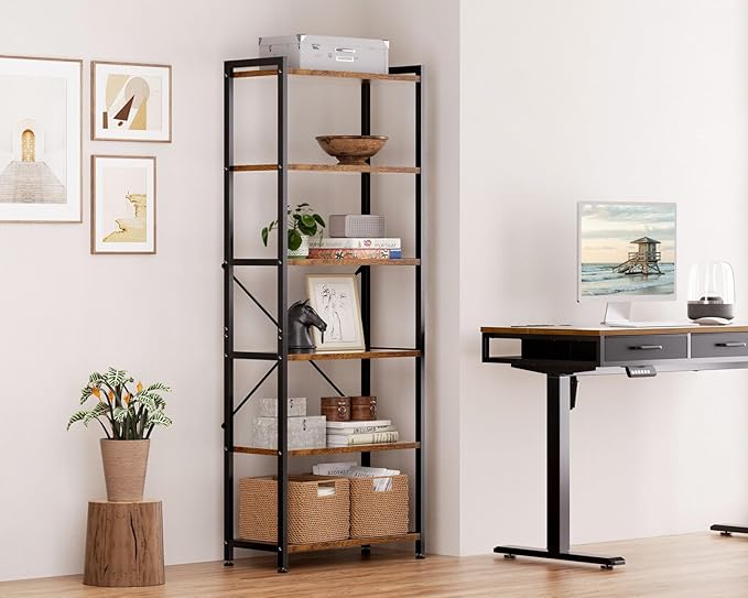 Casaottima Book Shelf, 6 Tier Tall Bookshelf, Modern Wood Bookcase Shelves for Bedroom, Industrial Display Shelf for Living Room Home Office Kitchen, Standing Shelving Unit Storage Organizer, Vintage