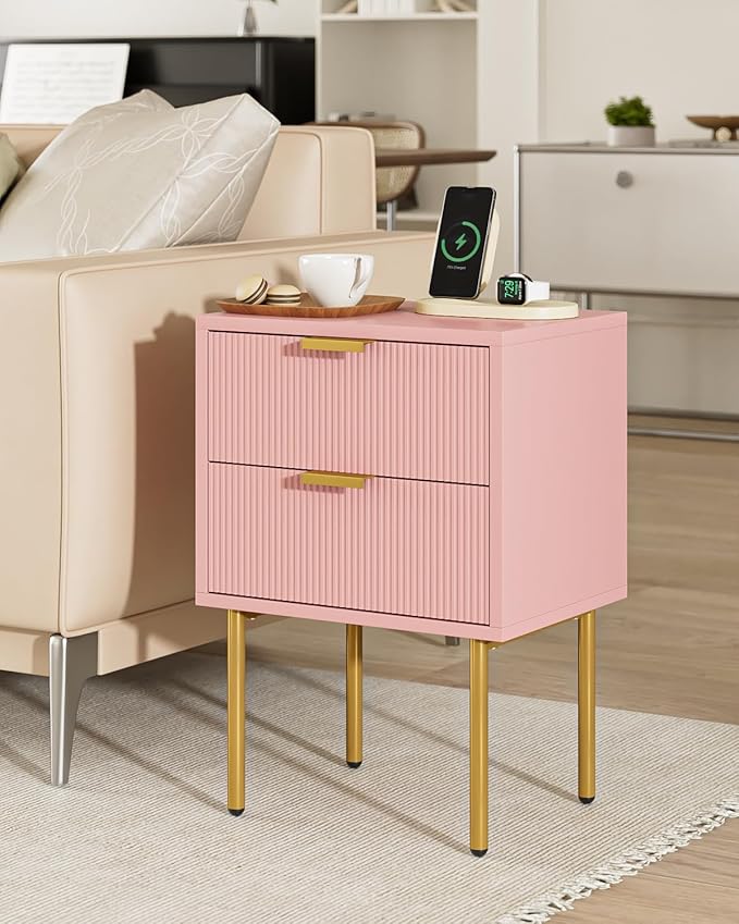 Nightstand,Morden Bedside Table with Gold Frame,Small White Night Stand,End Table,Bedside Furniture,Side Table with Drawer and Shelf for Bedroom,Living Room (2Drawers, Pink)