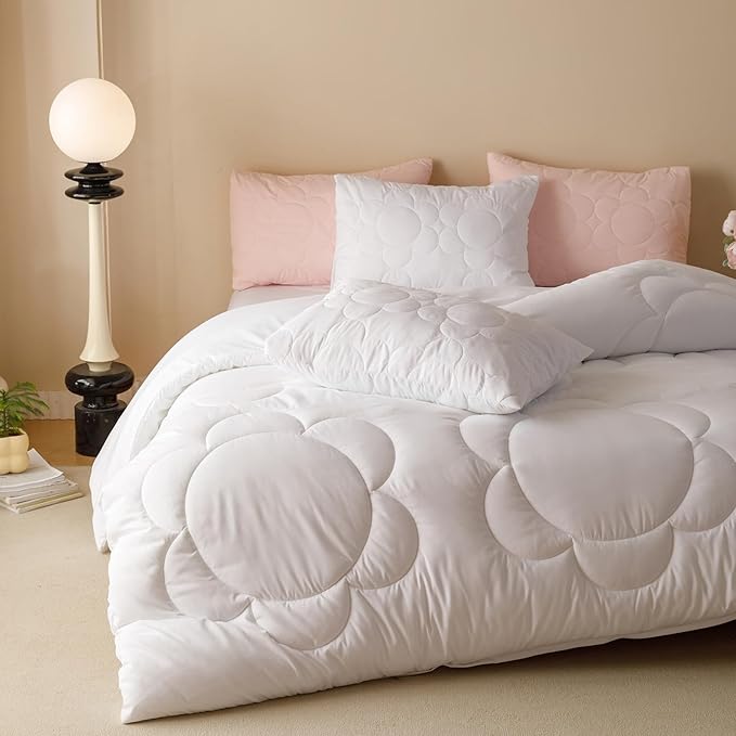 Luxlovery White Boho Comforter Set Full Women Girls White Sunflower Quilts Farmhouse Floral Bedding Quilted Set Elegant Vintage Retro Soft Bohemian 3 Piece Comforter